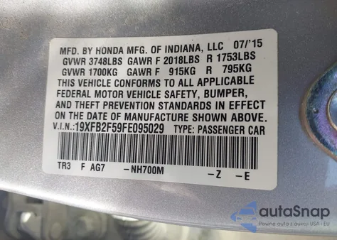 2015 Honda Civic Lx из США, поврежденный, VIN 19XFB2F59FE095029